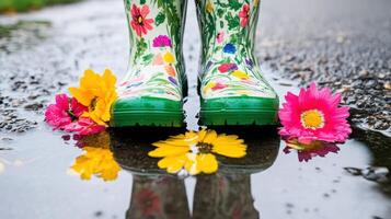 Colorful spring flowers surround puddle in bright rubber boots reflecting vibrant blooms photo