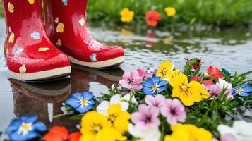 Brightly colored spring flowers surround a puddle near red rubber boots on a rainy day photo
