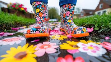 Spring flowers bloom vibrantly around a puddle with colorful rain boots standing nearby photo