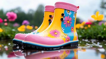 Colorful spring flowers bloom around puddles near playful rain boots in vibrant hues photo