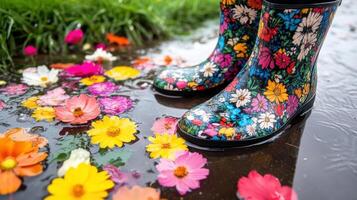 Colorful spring flowers surround a puddle with vibrant rubber boots standing beside the blooms photo