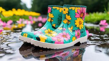 Bright spring flowers bloom vibrantly around a puddle with colorful rain boots resting nearby photo