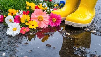 Vibrant spring flowers bloom around a puddle with bright yellow rain boots nearby photo
