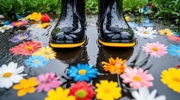 Spring flowers surround a puddle reflecting vibrant colors in a playful outdoor setting photo
