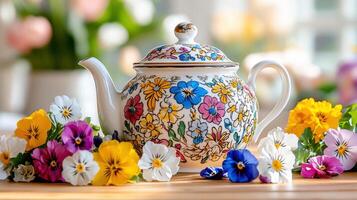 Spring blooms and decorated teapot create a vibrant and cheerful table arrangement for a delightful gathering photo