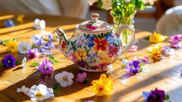 Bright spring flowers scattered on a rustic table with a decorative teapot filled with floral patterns and blooming colors photo