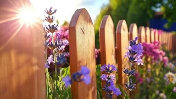 Sunlight shines through wooden fence panels intertwined with vibrant flowers in a lively garden setting photo