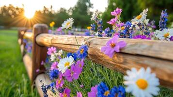 vistoso flores silvestres floración junto a un rústico de madera cerca durante dorado hora en un sereno al aire libre ajuste foto