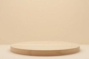 A Large wooden circular platform on a beige background, the platform is made of light-colored wood with a smooth, rounded edge photo