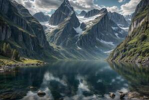 A serene lake surrounded by mountains, with a waterfall cascading down one mountain and a glacier on the othe photo