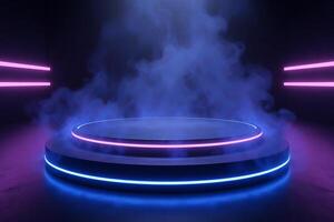 A neon podium with blue and pink lights, smoke in the background, dark environment, product display photo