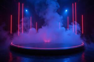 A stage with smoke and neon lights, the background is dark and the stage is illuminated with blue and pink lights photo