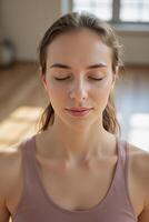 A close-up portrait of a yoga instructor in a meditation pose, eyes closed, with a serene expression photo