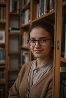 A close-up portrait of a librarian wearing glasses and a sweater, standing between bookshelves with books slightly out of focus behind photo