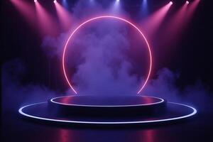 A stage with a neon circle behind it, smoke in the background, pink and blue lights photo