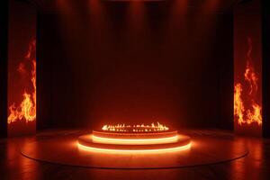 A circular platform with fire in the center, illuminated by orange neon lights, dark background with spotlights, creating a dramatic and fiery atmosphere photo