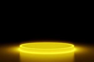 A yellow platform with neon lights in a dark room, product display, presentation stage, minimalist design, modern aesthetic, glowing effect, simple background photo