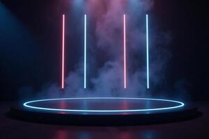 A stage with a neon circle, three neon lines in the background, smoke and blue and red lights photo