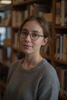 A close-up portrait of a librarian wearing glasses and a sweater, standing between bookshelves with books slightly out of focus behind. photo