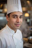 A close-up portrait of a chef in a bustling restaurant kitchen, wearing a white chef s coat and hat, confident smile photo