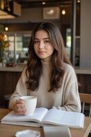 A young woman studying in a cafe with a cup of tea and a stack of textbooks photo