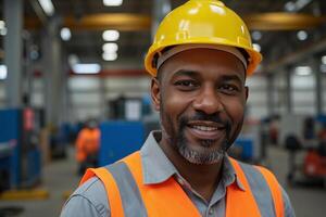 A Black man with a beard, wearing a yellow hard hat and an orange safety vest, smiling confidently. The background features industrial machinery and equipment photo