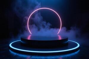 A black podium with a pink neon circle behind it, blue neon circle at the base, smoke around the podium, dark background photo