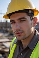 A close-up portrait of a construction worker in a yellow hard hat and reflective vest, slightly dusty face, standing in front of a construction site photo