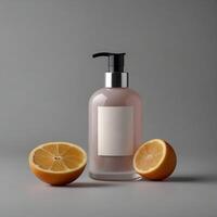 A bottle of pink liquid soap with a silver pump and blank label, surrounded by two halves of an orange, against a grey background photo