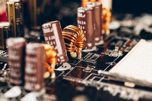 Computer electronic circuit board with processor close up photo