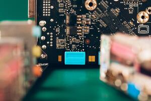 Computer electronic circuit board with processor close up photo