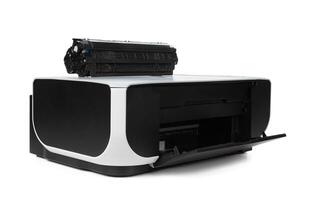Black multi function printer isolated against a white background photo