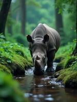 A Javan rhinoceros drinking from a small stream in a lush, green valley in Java, Indonesia, with ferns and moss-covered rocks along the banks photo