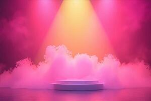A white podium with pink smoke and a yellow spotlight in a pink background photo