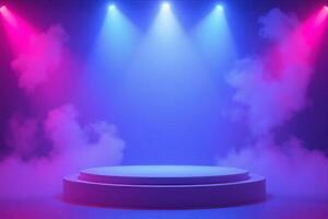 A stage with three blue spotlights and smoke in the background photo