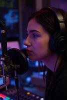 A close-up portrait of a radio host with black hair wearing headphones, speaking into a professional microphone in a dimly lit recording studio photo