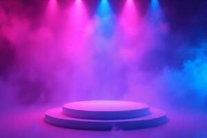 A white podium with pink and blue lights and smoke in the background photo