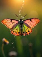 An Elephant Hawk Moth with bright pink and green wings seen through a dew-covered spiderweb in a misty morning meadow. photo