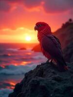 A Kakapo parrot standing on a rocky cliff overlooking the ocean at sunset, the sky ablaze with orange and pink hues, creating a dramatic and scenic vista photo