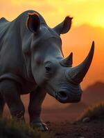 A close-up portrait of a Javan rhinoceros, showcasing its wrinkled skin and single horn, set against the backdrop of a misty, volcanic landscape at dawn photo