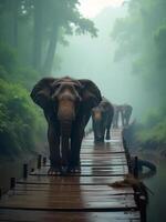 A herd of Bornean Pygmy Elephants crossing a wooden bridge in a protected area of Borneo, early morning mist, creating a mystical atmosphere photo