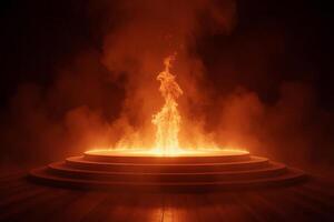 A fire in a circular stage with three steps, the background is dark with smoke and the floor is made of wood photo
