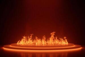 A ring of fire on a circular platform, the background is a solid dark red color, the fire is bright orange and yellow photo