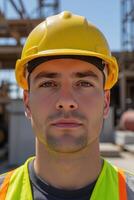 Front view, A close-up portrait of a construction worker in a yellow hard hat and reflective vest, slightly dusty face, standing in front of a construction site photo