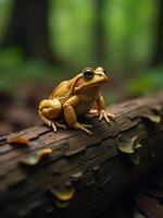 A golden toad sitting on a large, decaying log covered in fungi in a damp, shaded forest. The toad's golden color provides a stark contrast to the dark, earthy tones of the environment photo