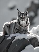 Iberian Lynx resting on a rocky outcrop in the Sierra Morena mountains during a snowy winter, snow-covered landscape, cold atmosphere, survival, detailed fur photo