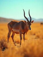 A saola grazing in a clearing of tall grass in the dry season, with a backdrop of parched earth and a clear blue sky photo