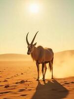 A lone addax standing on a vast, flat, sandy desert plain at midday, under a scorching sun photo