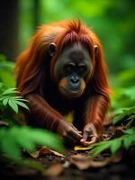 A Sumatran Orangutan foraging for food on the forest floor, surrounded by vibrant green ferns and decaying leaves in the humid environment photo