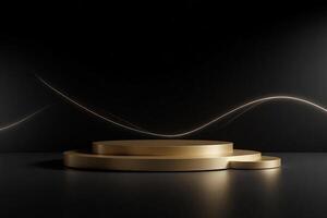 Golden podium with three levels and a golden line floating in the air, black background photo